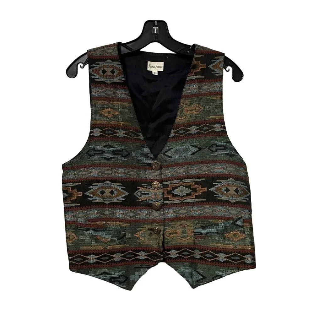 Vintage Neiman Marcus Southwest Vest Unisex L USA Brass tone‎ buttons Western